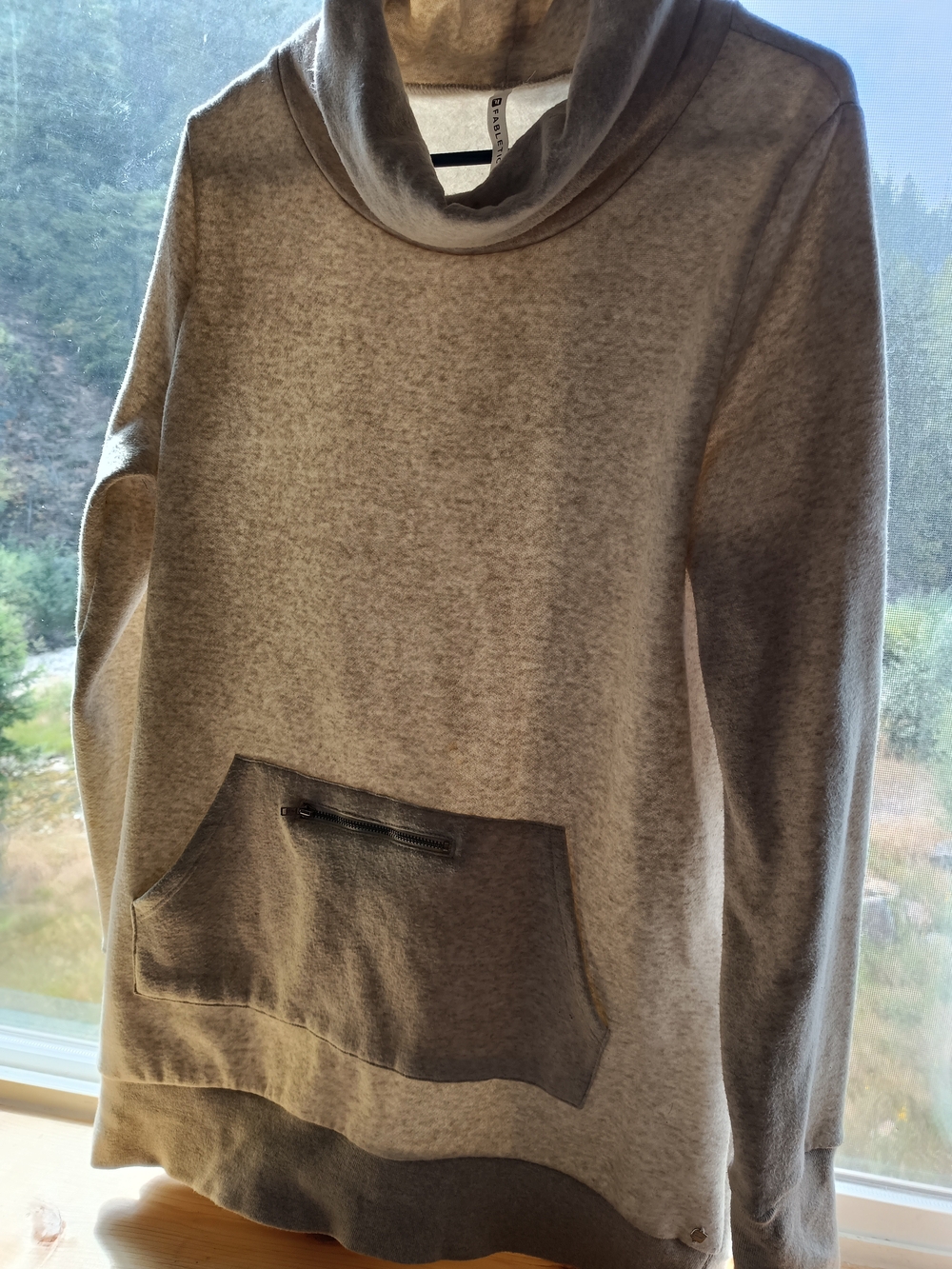 Fabletics Cozy Neutral Cream Cowl-Neck Sweater with Front Pocket Thumb Holes